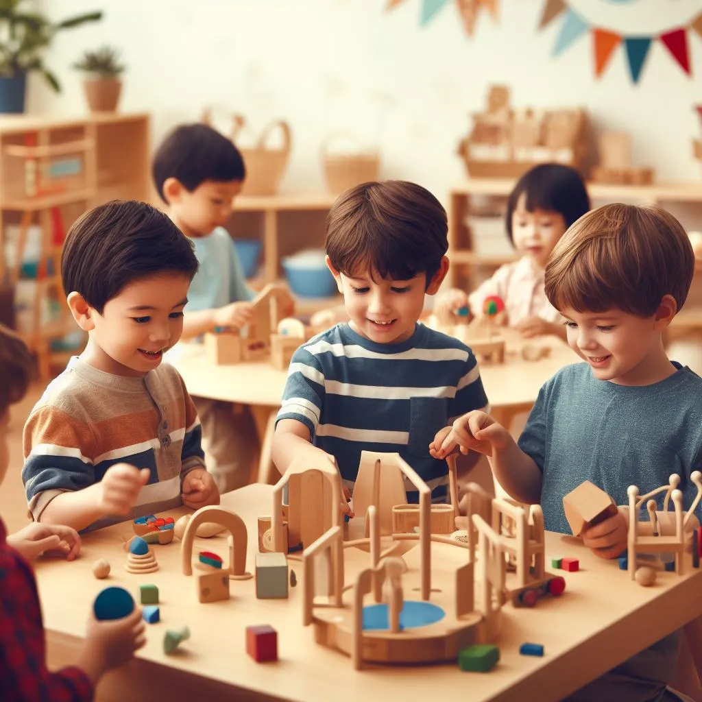 three boys playing in a Montessori style classroom