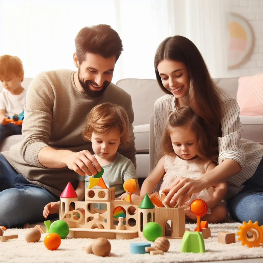 parents playing with their children with Montessori style toys