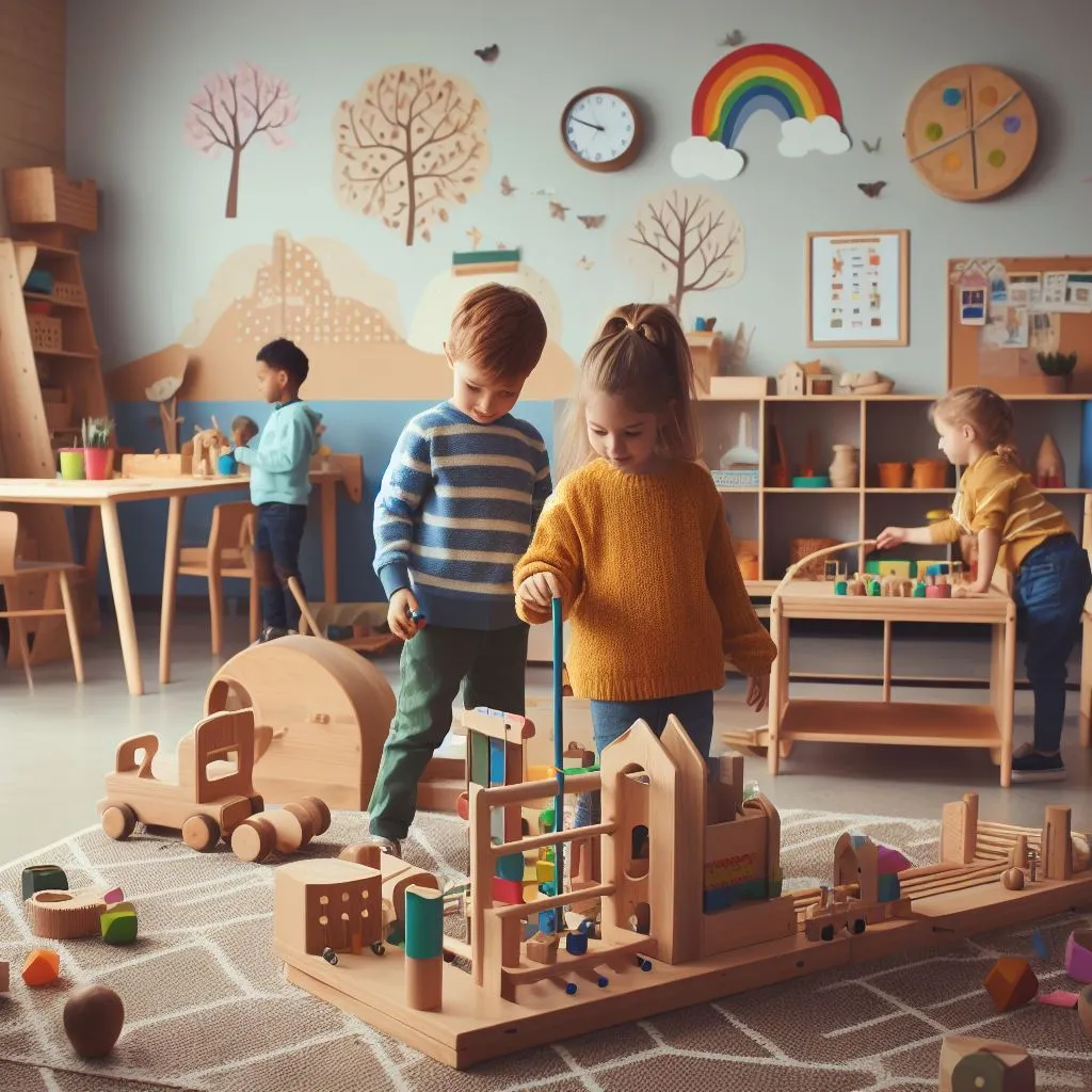 two kids playing in a Montessori style classroom