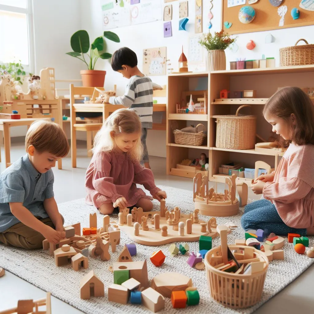 three kids playing in a Montessori style classroom